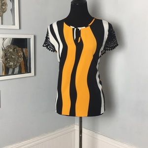 Black Orange & White Wavy Striped Embroidered Butterfly Sleeve Blouse